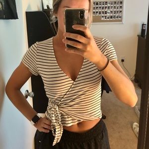 Black and White Striped Surplice Top